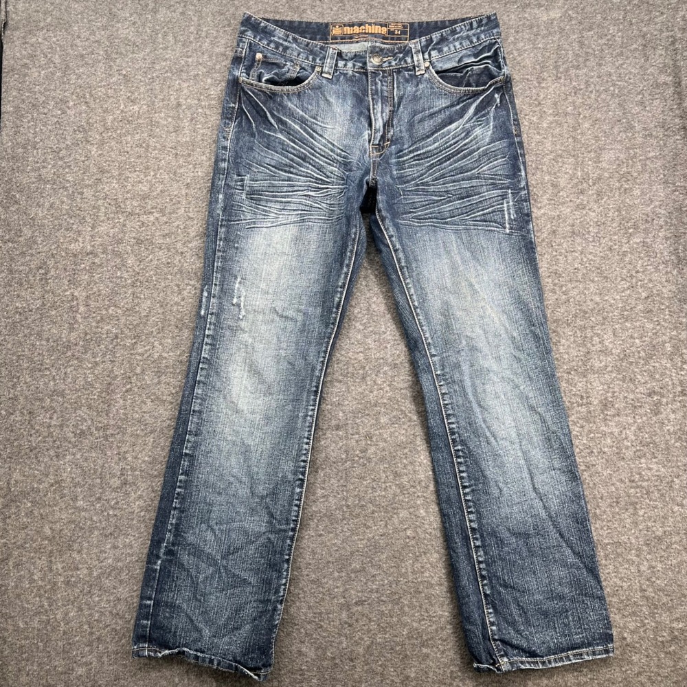 MK Machine Mens Straight Leg Jeans Blue Medium Wash Whiskered Distressed Size 34